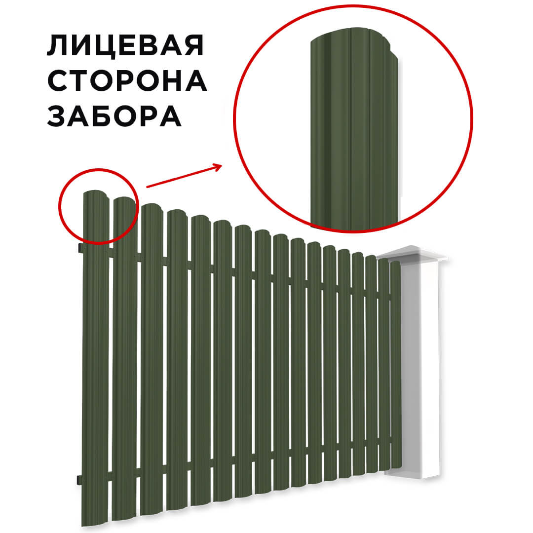 Забор штакетник Полукруглый RAL 6002 Зеленый Лист односторонний спереди