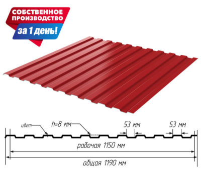 Профнастил (профлист) С-8 RAL3003 Рубин ширина 1.19(1,15)м толщина 0.40 эконом с размерами профиля