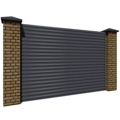 Секция забора жалюзи из ламелей еврожалюзи RAL7024 Серый Графит / серая полиэфирная эмаль с кирпичными столбами