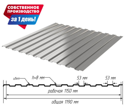 Профнастил (профлист) С-8 Оцинкованный 0.50мм ГОСТ с размерами
